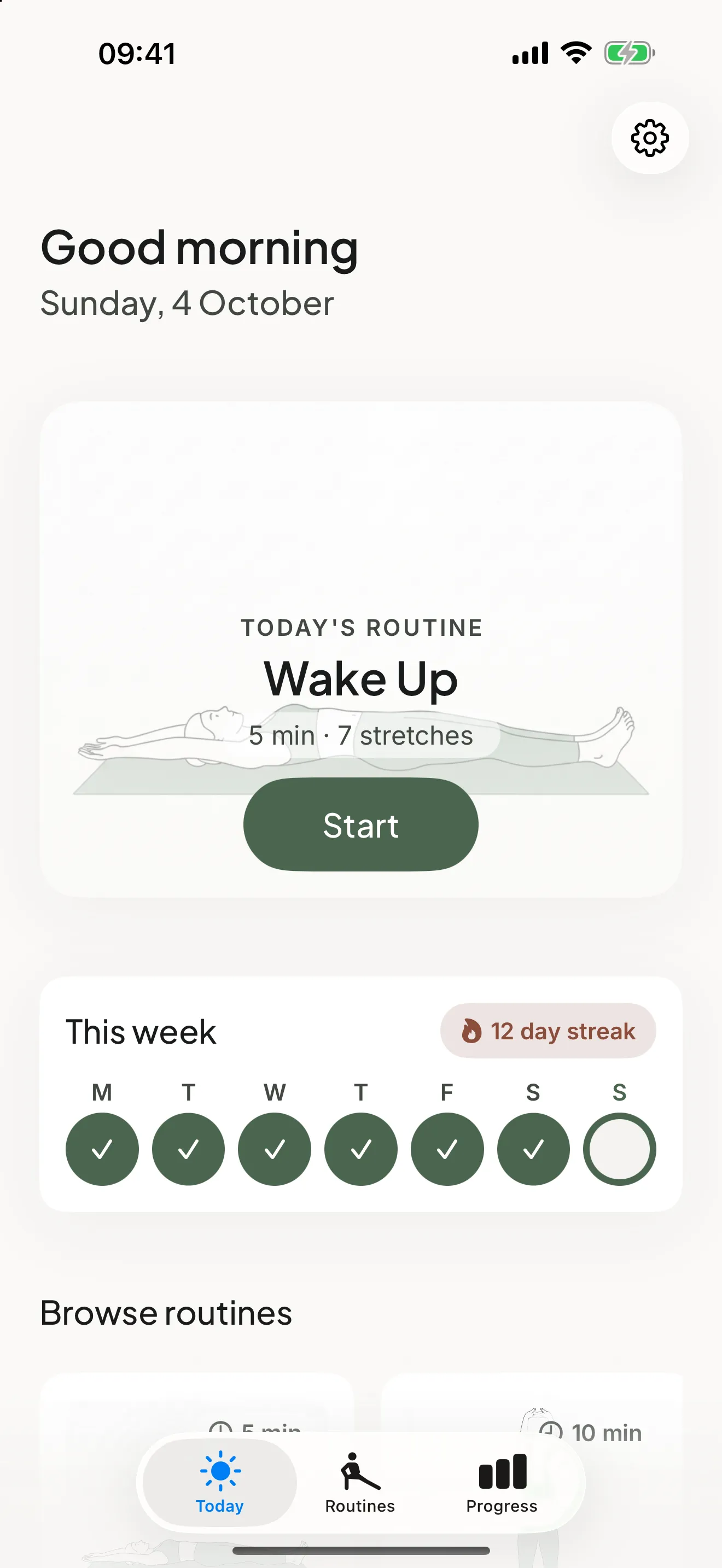 Sway Today screen: Good morning greeting, the Wake Up routine with a Start button, and a 12-day streak across the week