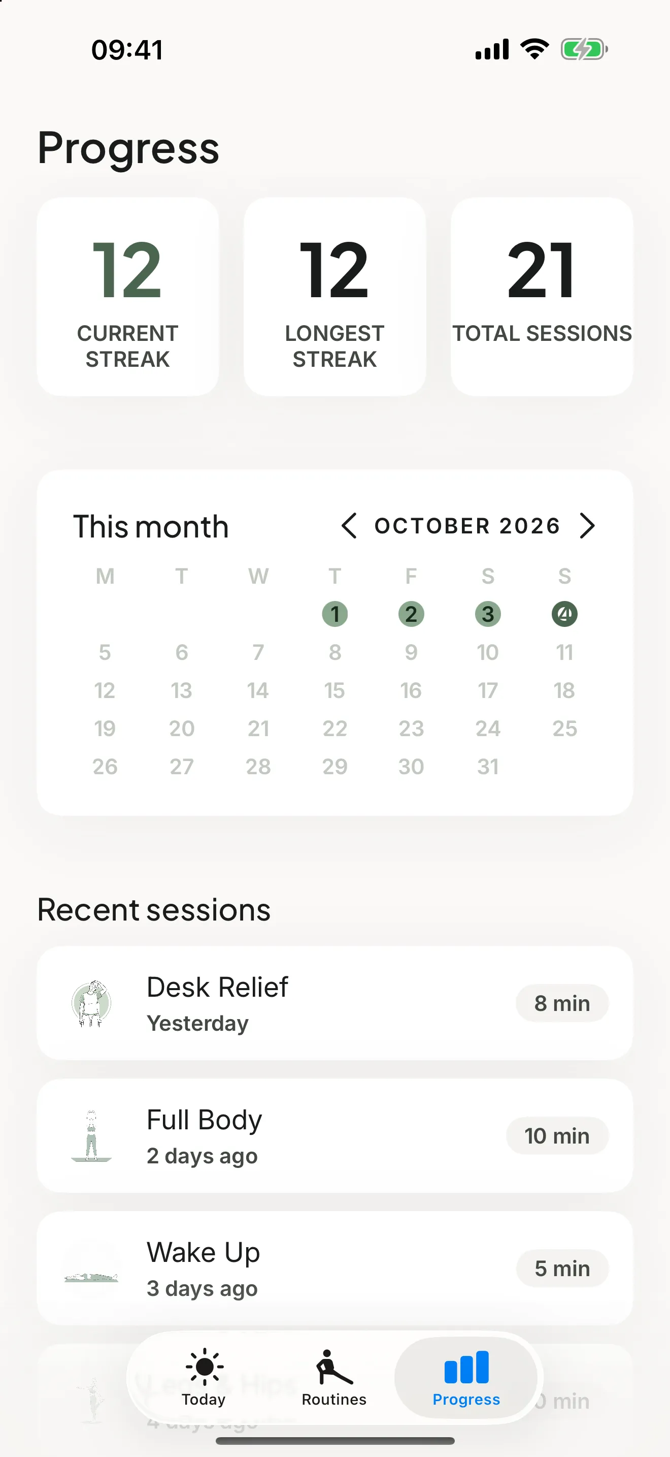 Sway Progress screen: current streak 12, longest streak 12, 21 total sessions, an October calendar and recent sessions