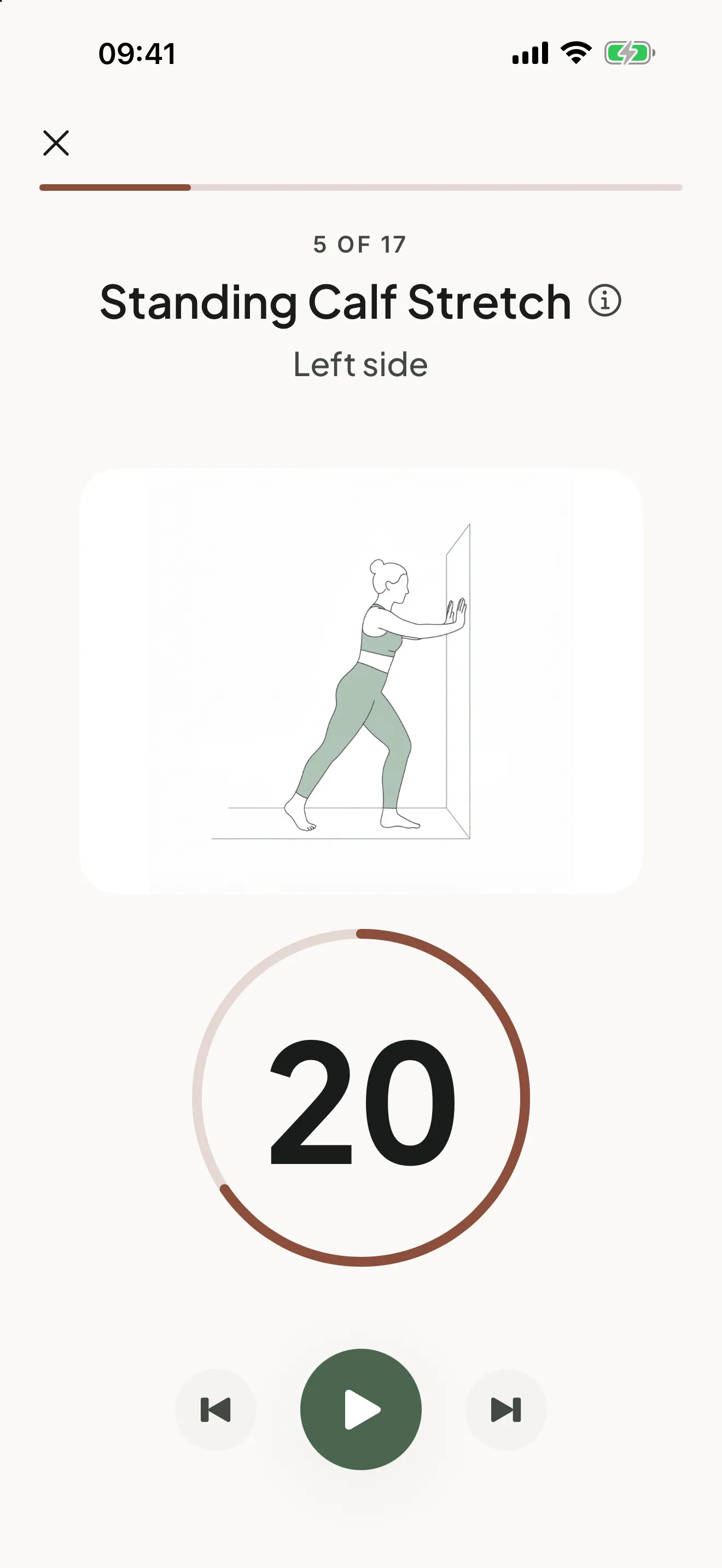 Sway session player: Standing Calf Stretch, left side, step 5 of 17, with a 20-second countdown timer